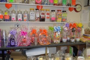 Assortment of colorful candies and chocolates on display in Rotherham's best sweet shop