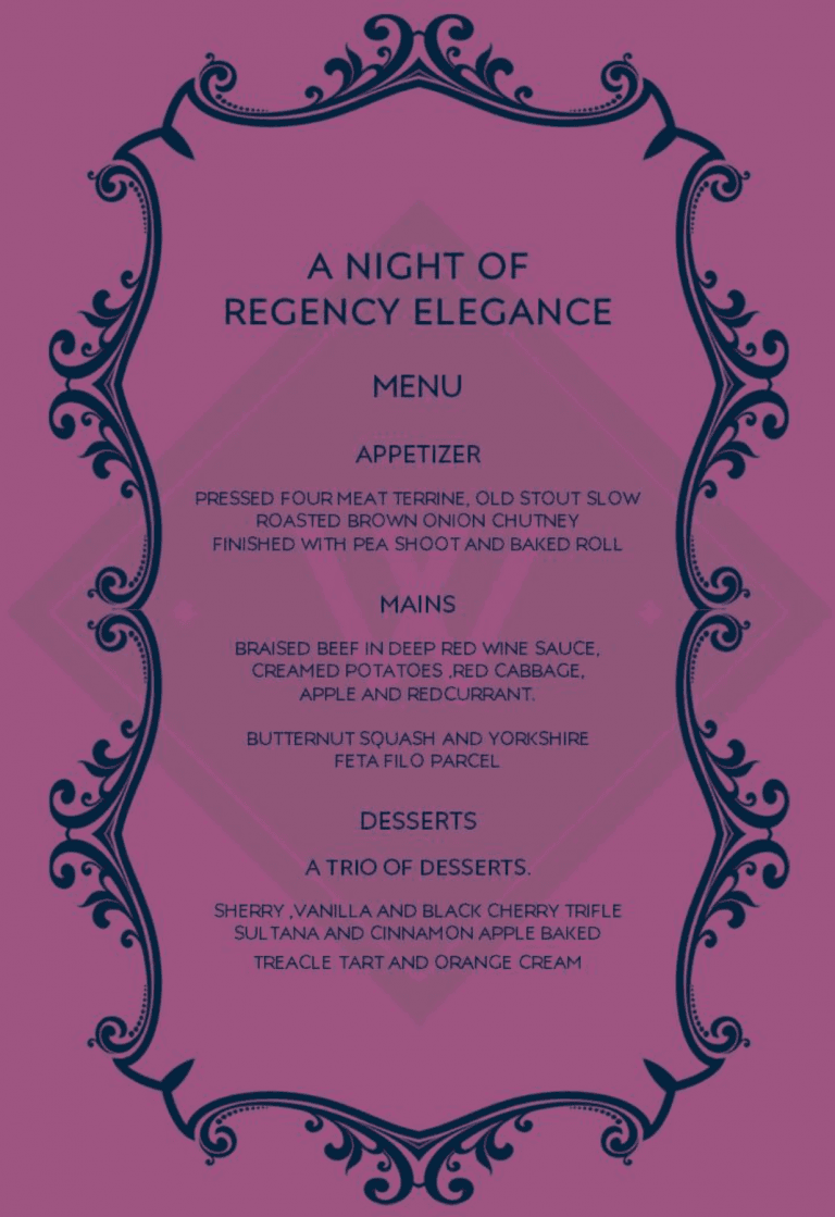 A Night of Regency Elegance menu