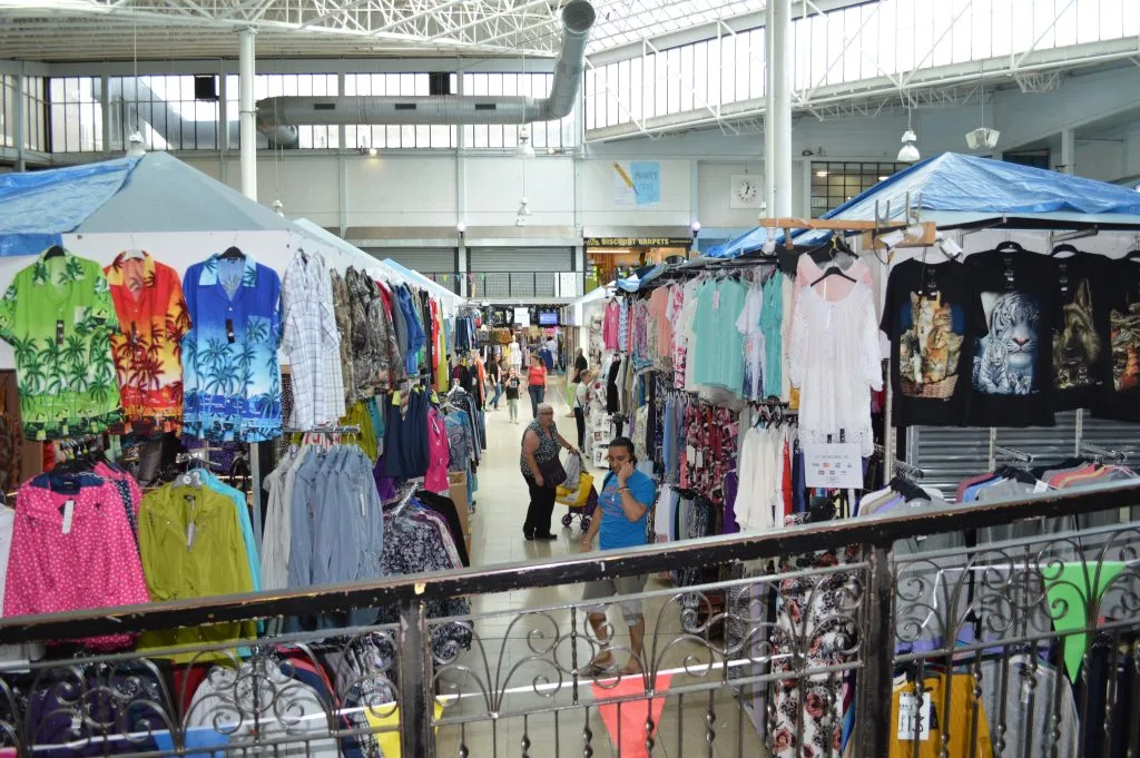 Clothing stands offering a variety of fashion choices in Rotherham Market