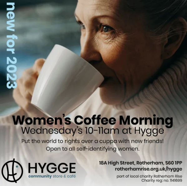 Women sitting at a table, enjoying their coffee at Hygge Community Store & Café near Rotherham Car Park