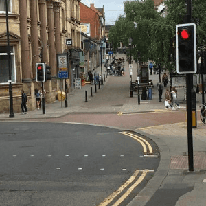 Doncaster Gate traffic lights on the way to Moorgate with nearby Percy Street car park in Rotherham