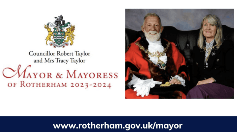 Mayor Robert Taylor of Rotherham in mayoral regalia with his wife