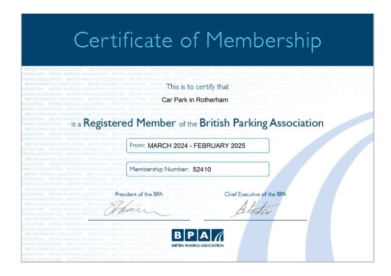 Official BPA Member certificate showcasing membership with the British Parking Association displayed on a posh paper background.