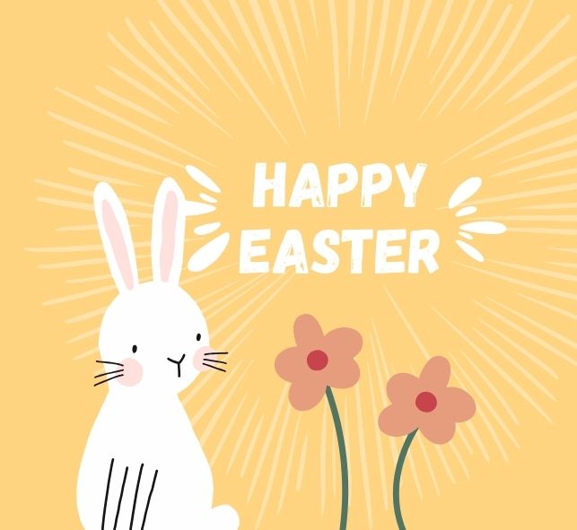 Joyful Easter bunny surrounded by spring flowers against a cheerful yellow and white background.