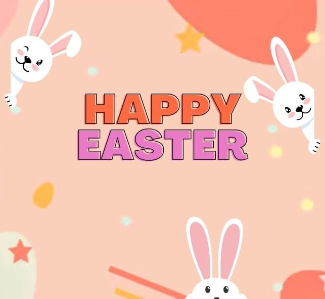 Vibrant Easter bunnies in shades of red, orange, and yellow against an apricot background, embodying Rotherham's festive spirit