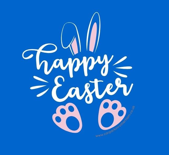 Happy Easter bunny on a blue background with daffodils and chocolate eggs, symbolizing Rotherham's festive spirit